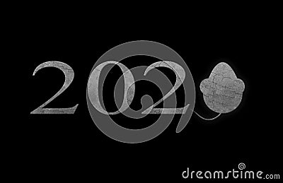 The inscription `2020`. New Year. The inscription with the texture of the concrete on a black background. Stock Photo