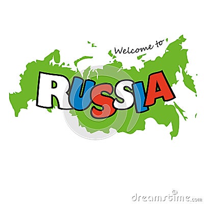 Inscription Russia in Russian flag colors on the map background Vector Illustration