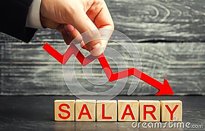 The inscription salary and the red arrow down. lower salary, wage rates. demotion, career decline. lowering the standard of livin Stock Photo