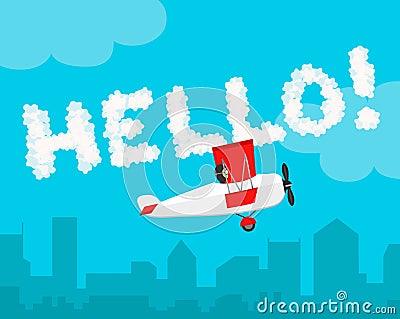 Inscription the sky Hello! cloud letter flat vector design. Airplane illustration Vector Illustration