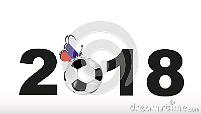 Texture with a soccer ball and butterfly with flag of Russia and inscription 2018 Vector Illustration