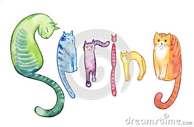 Inscription SPRING in the form of cats cute Cartoon Illustration