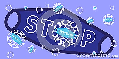 Inscription on a stylistic medical mask stop covid 19, coronavirus on a purple background, new year pandemic Vector Illustration