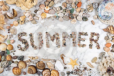 Inscription summer with pebbles, star, stones and shells lying on a marble background, composition of ocean stones and seashells, Stock Photo