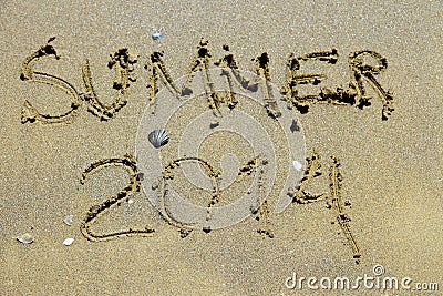 Inscription summer 2014 on sea sand beach Stock Photo