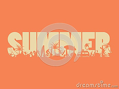 Inscription summer with vacation and extreme sport silhouettes Vector Illustration