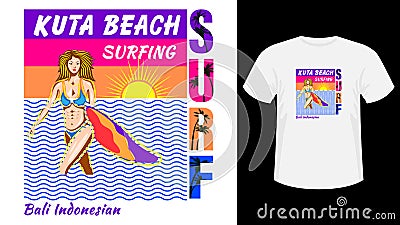 Inscription Surfing Kuta beach print white t-shirt. Vector Illustration
