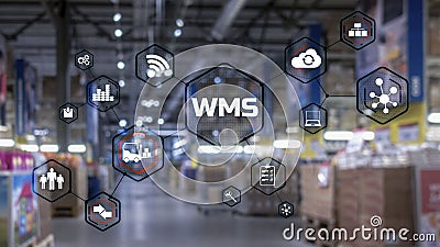 Inscription WMS on blurred warehouse background. Werehouse Management System. Stock Photo