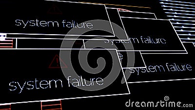 Inscriptions system failure appear on the computer screen because of program error. Animation. Flickering video signal Stock Photo