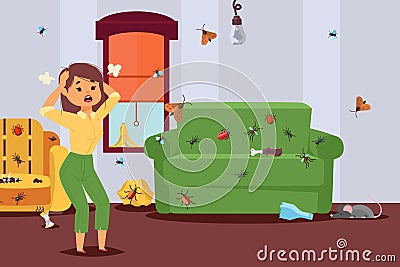 Insect in apartment, pest control, character of woman in panic, bug attack flat vector illustration. Infected room Vector Illustration