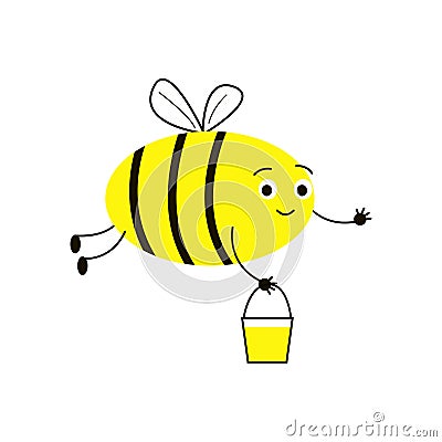 Insect bees collect honey. Funny, cute bee, bucket of honey. Vector Illustration