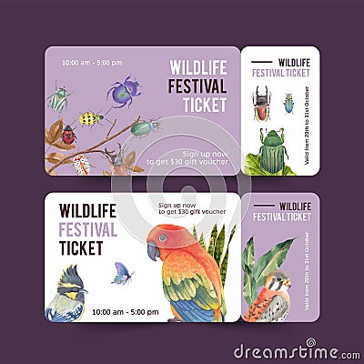 Insect and bird ticket design with sun conure, bulbul, butterfly watercolor illustration Cartoon Illustration