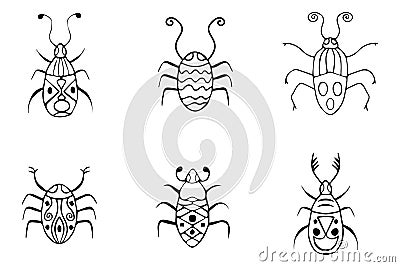 Insect book coloring set .Beetles set in line art style. Coloring book with insects. Simple beetles for coloring vector Vector Illustration