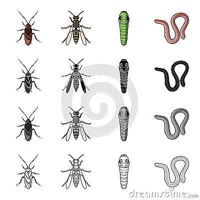 Insect cockroach, wasp, caterpillar, worm. Insects set collection icons in cartoon black monochrome outline style vector Vector Illustration