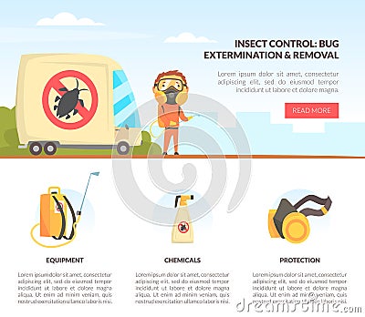 Insect Control and Disinfestation Service with Man in Protective Outfit Engaged in Bug Extermination Vector Template Vector Illustration