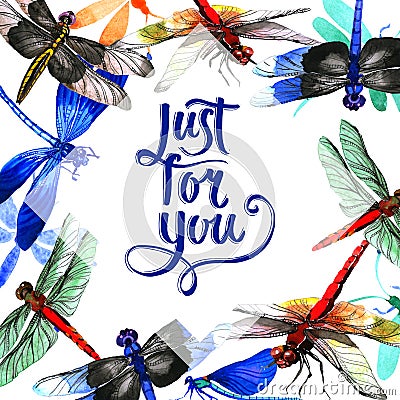 Insect dragonfly frame in a watercolor style isolated. Stock Photo