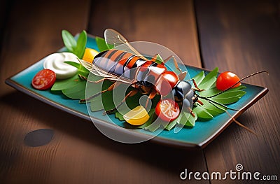 Insect food,appetizing beetle on plate with vegetables,cockroach on plate,green lettuce leaves with tomato and lemon Stock Photo
