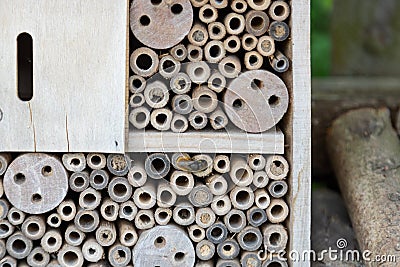 An insect hotel for bees, wasps and other insects made of wood Stock Photo