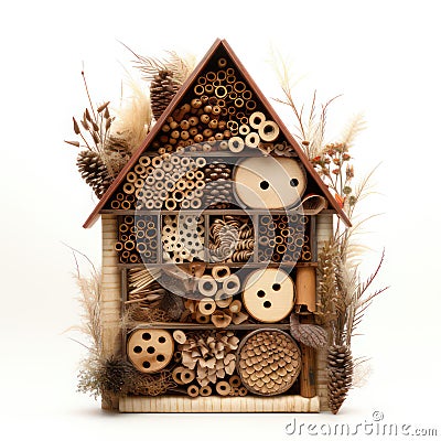 Insect hotel isolated on white created with Generative AI. Little house for various insects. Stock Photo