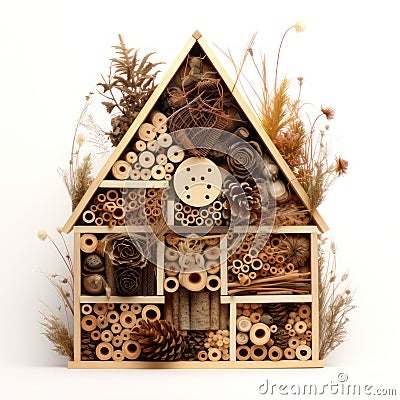 Insect hotel isolated on white created with Generative AI. Little house for various insects. Stock Photo