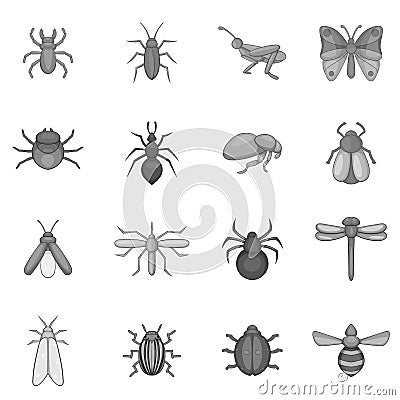 Insect icons set, gray monochrome style Vector Illustration