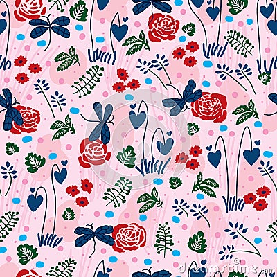 Insect love rose bleeding heart seamless pattern Vector Illustration