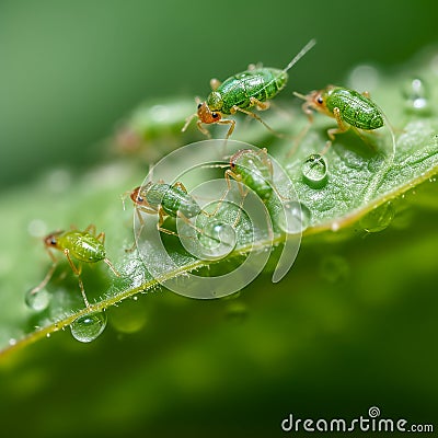 Insect pests aphids on a green leaf and dew drops, close-up Stock Photo