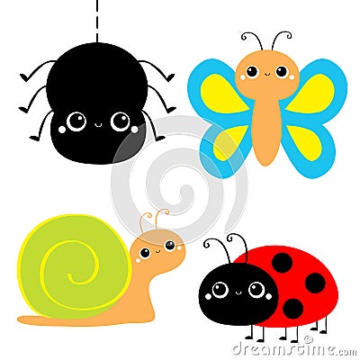 Insect set. Ladybug ladybird, butterfly, spider, lady bug, snail. Cute cartoon kawaii baby animal character. Flat design. White Vector Illustration