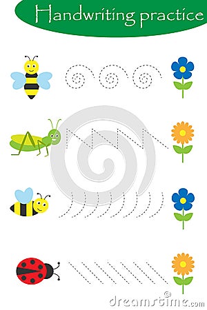 Insects in artoon style, handwriting practice sheet, kids preschool activity, educational children game, printable worksheet, Stock Photo
