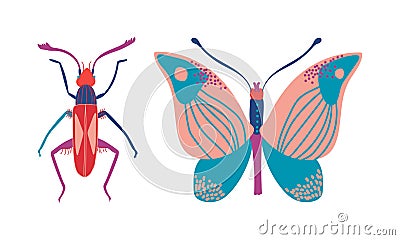 Insects as Hexapod Flying Creature with Jointed Legs and Pair of Antennae Vector Set Vector Illustration