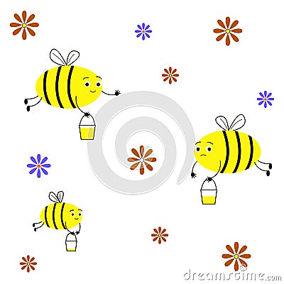 Insects bees collect honey. Funny, cute bees, buckets of honey, flowers. Vector Illustration