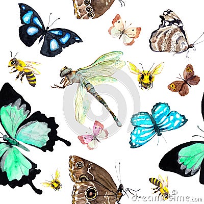 Insects - butterflies, bees, dragonfly. Seamless background with exotic butterfly. Watercolor Stock Photo