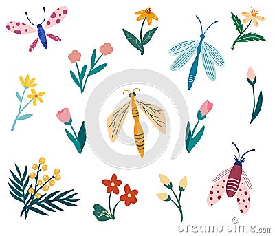 Insects and flowers collection. Butterflies, dragonflies, beetles and flowers. Bundle of decorative design elements. Spring time. Vector Illustration
