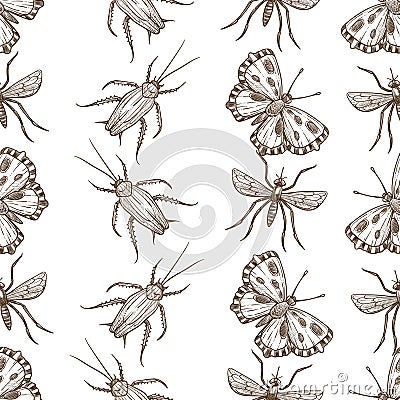 Insects that fly and creep monochrome sepia sketches seamless pattern. Vector Illustration