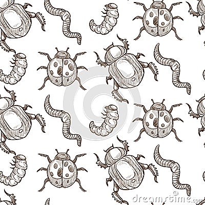 Insects that fly and creep monochrome sepia sketches seamless pattern. Vector Illustration