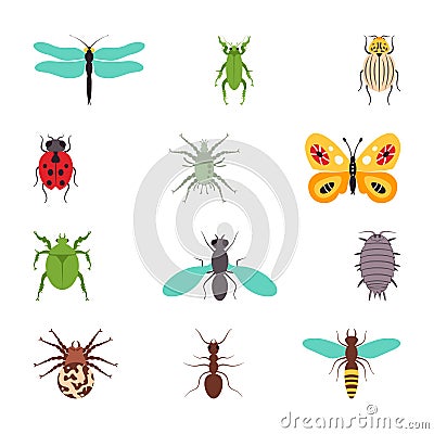 Insects icons flat set isolated vector illustration Vector Illustration