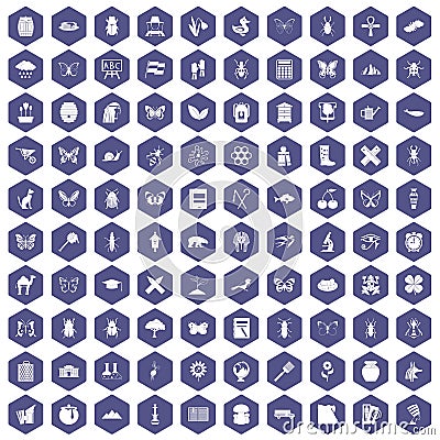 100 insects icons hexagon purple Vector Illustration