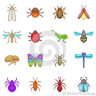 Insects icons set, cartoon style Vector Illustration