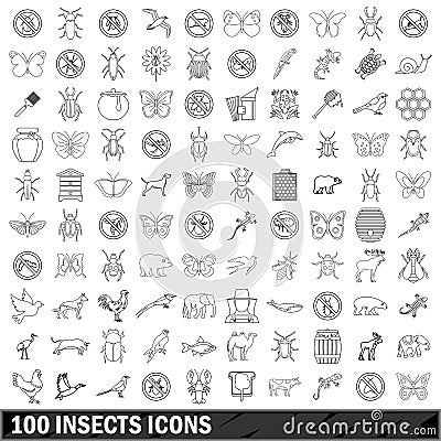 100 insects icons set, outline style Vector Illustration