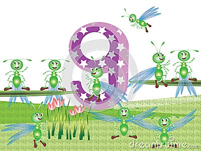 Insects and numbers series ,9 Vector Illustration