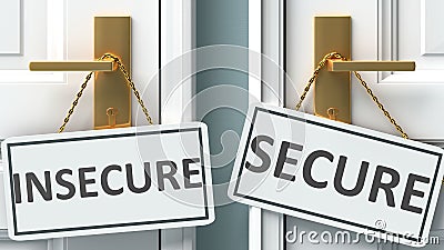 Insecure or secure as a choice in life - pictured as words Insecure, secure on doors to show that Insecure and secure are Cartoon Illustration