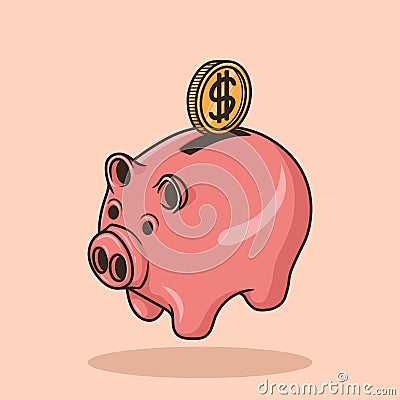 Insert coin into piggy Bank. Cute Pink Pig Bank Object concept Cartoon Icon Vector Vector Illustration