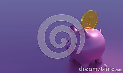 Inserting a coin into a piggy bank.3d render, illustration Cartoon Illustration