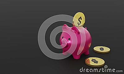 Inserting a coin into a piggy bank.3d render, illustration Cartoon Illustration