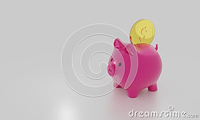 Inserting a coin into a piggy bank.3d render, illustration Cartoon Illustration