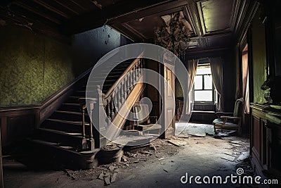 Inside an abandoned haunted house created with generative AI technology Stock Photo