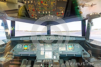 Inside airplane pilot cabin. Stock Photo