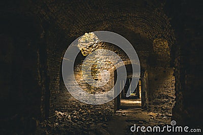 Inside ancient ruined medieval brick temple interior with arches and corridors Stock Photo