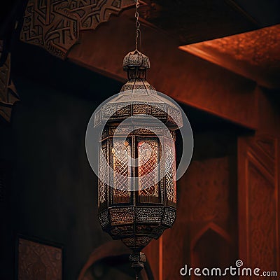 The inside of the building is adorned with one ornate traditional oriental lanterns.Generative AI Stock Photo