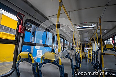 Inside the bus sitting at the back of public transport Stock Photo